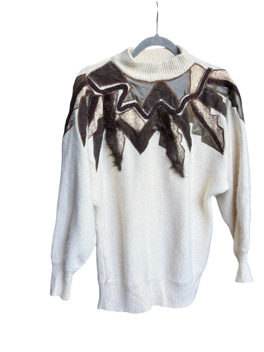 Vintage 80s Greg Adams Silk Angora Wool Sweater M Mixed Media Applique Hong Kong